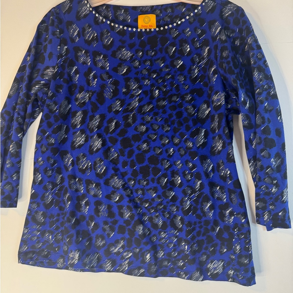 Ruby Rd. Cobalt Leopard Print Long Sleeve Top